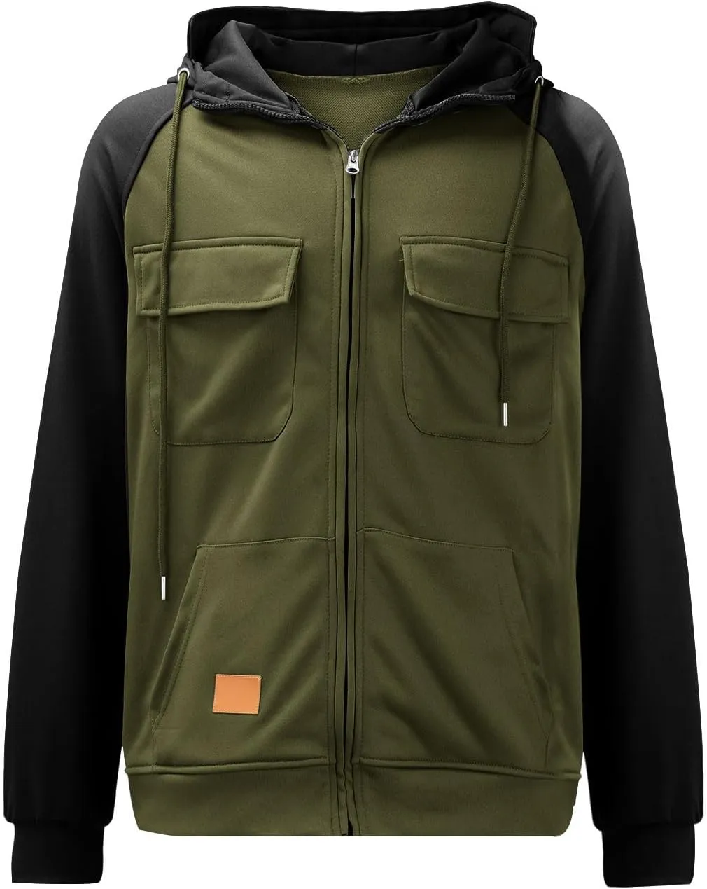 Men's Tactical Jacket Hooded Cargo Coats Color Block Military Jackets with Multi Pockets