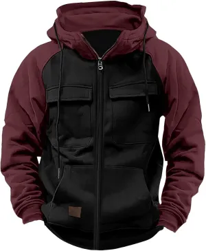 Men's Tactical Jacket Hooded Cargo Coats Color Block Military Jackets with Multi Pockets