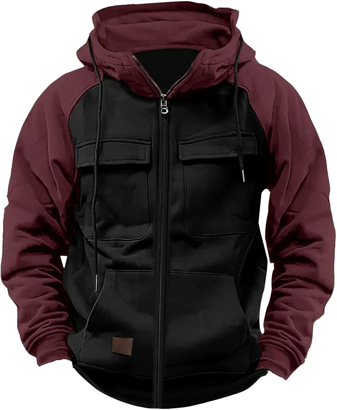 Men's Tactical Jacket Hooded Cargo Coats Color Block Military Jackets with Multi Pockets