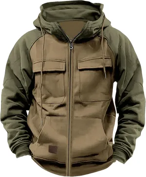 Men's Tactical Jacket Hooded Cargo Coats Color Block Military Jackets with Multi Pockets