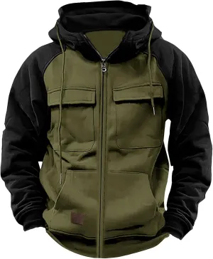 Men's Tactical Jacket Hooded Cargo Coats Color Block Military Jackets with Multi Pockets