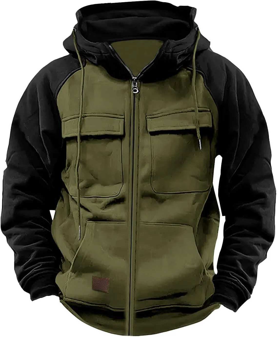 Men's Tactical Jacket Hooded Cargo Coats Color Block Military Jackets with Multi Pockets