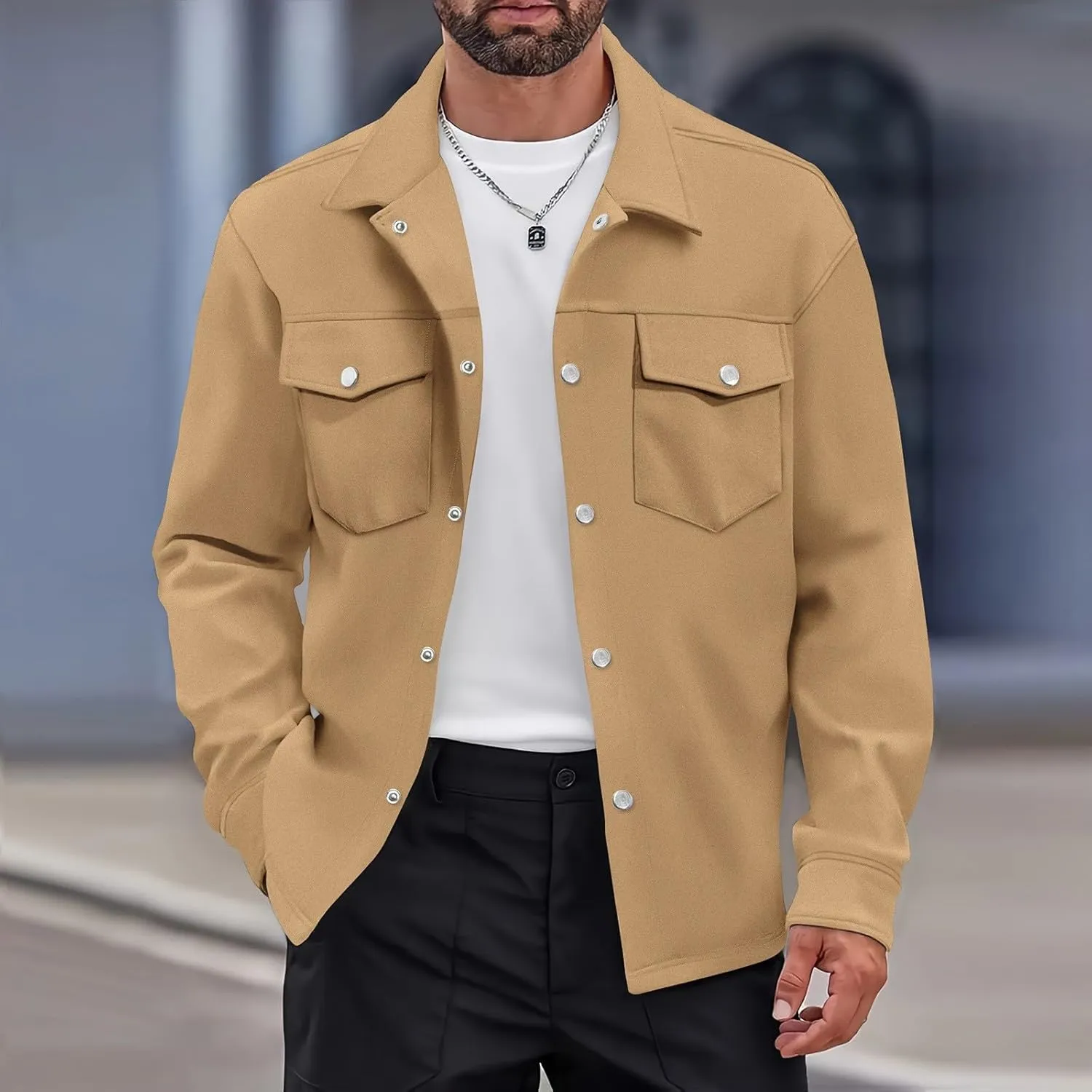 Mens Work Shirt Jackets Casual Lightweight Button Down Cargo Jackets with Flap Pockets Slim Fit Overshirt Shackets