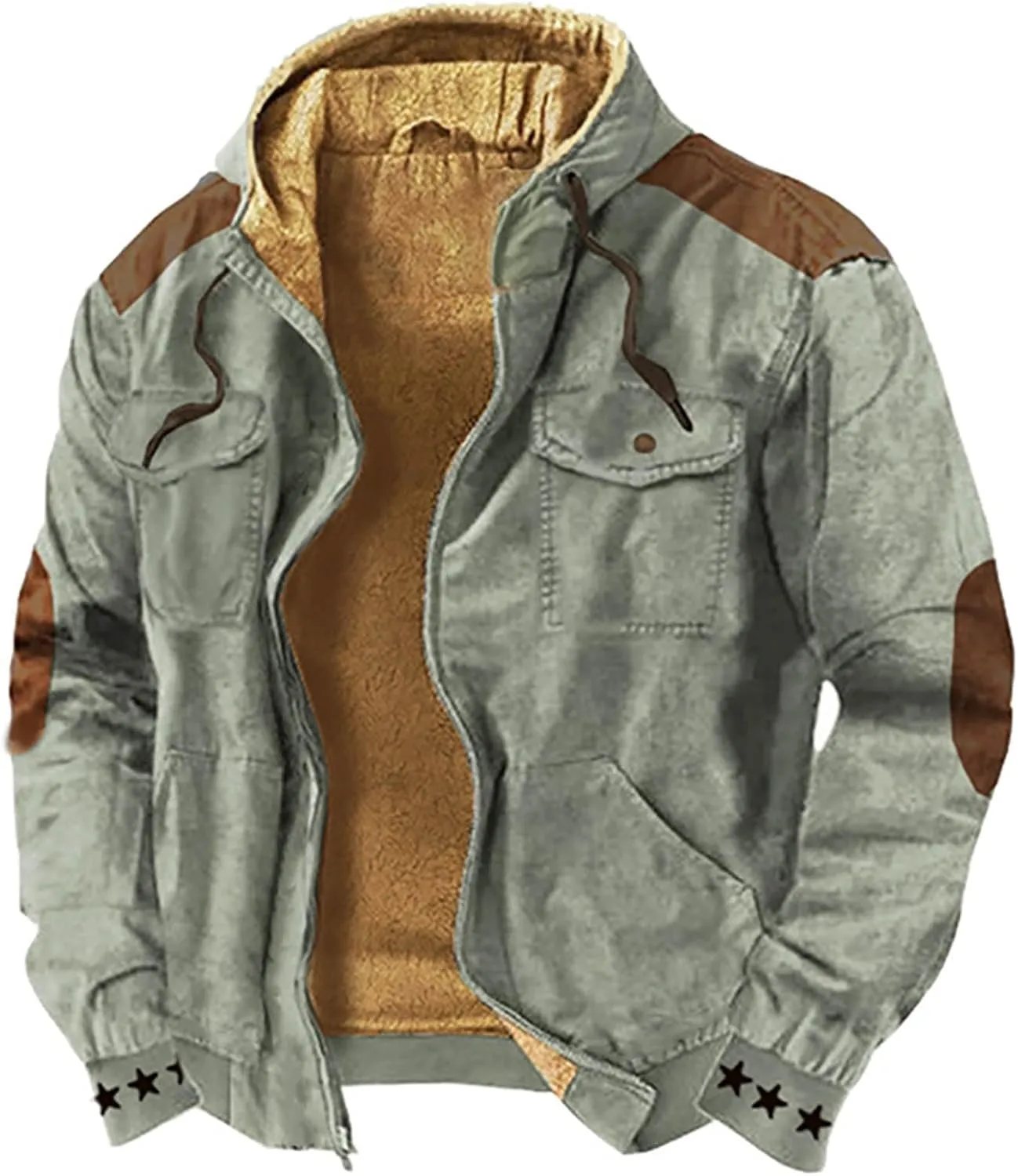 Mens Zip Up Western Tactical Jackets Vintage Distressed Fleece Lined Trucker Jackets Suede Winter Warm Chore Coats