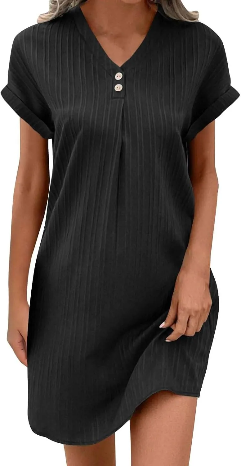 Mini Dresses for Women Summer Casual Button V Neck Cuffed Sleeve Striped Hide Belly Loose Vacation Shift Dress