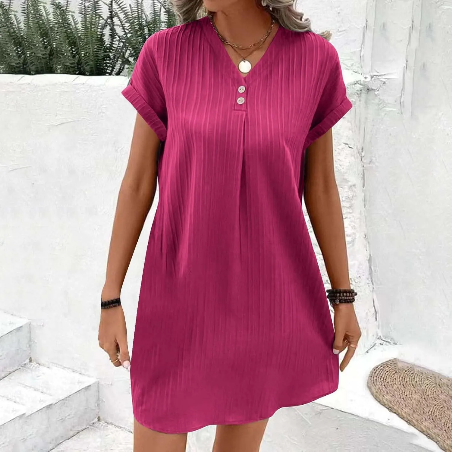 Mini Dresses for Women Summer Casual Button V Neck Cuffed Sleeve Striped Hide Belly Loose Vacation Shift Dress
