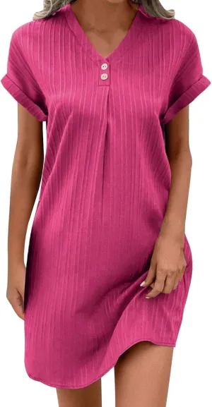 Mini Dresses for Women Summer Casual Button V Neck Cuffed Sleeve Striped Hide Belly Loose Vacation Shift Dress