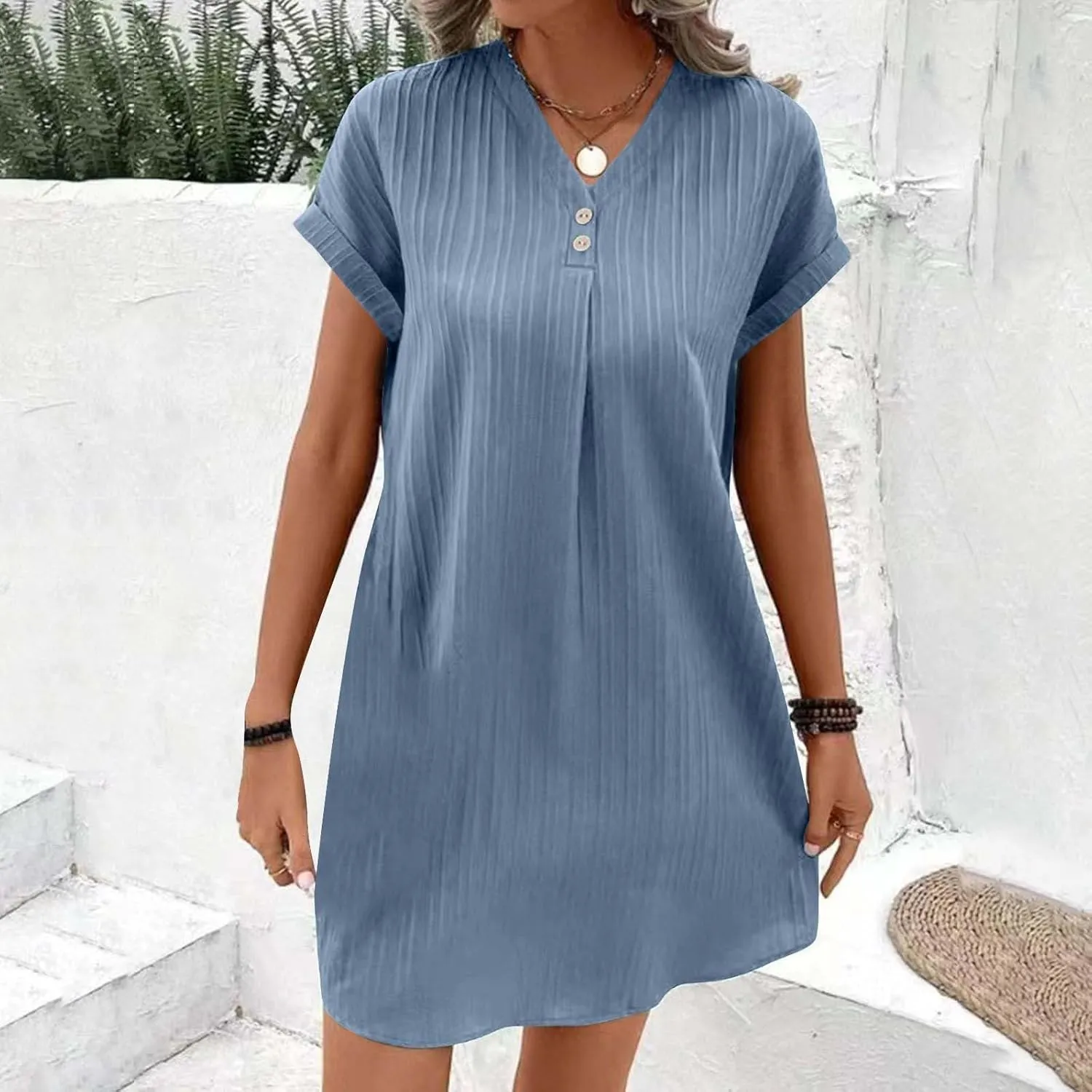 Mini Dresses for Women Summer Casual Button V Neck Cuffed Sleeve Striped Hide Belly Loose Vacation Shift Dress