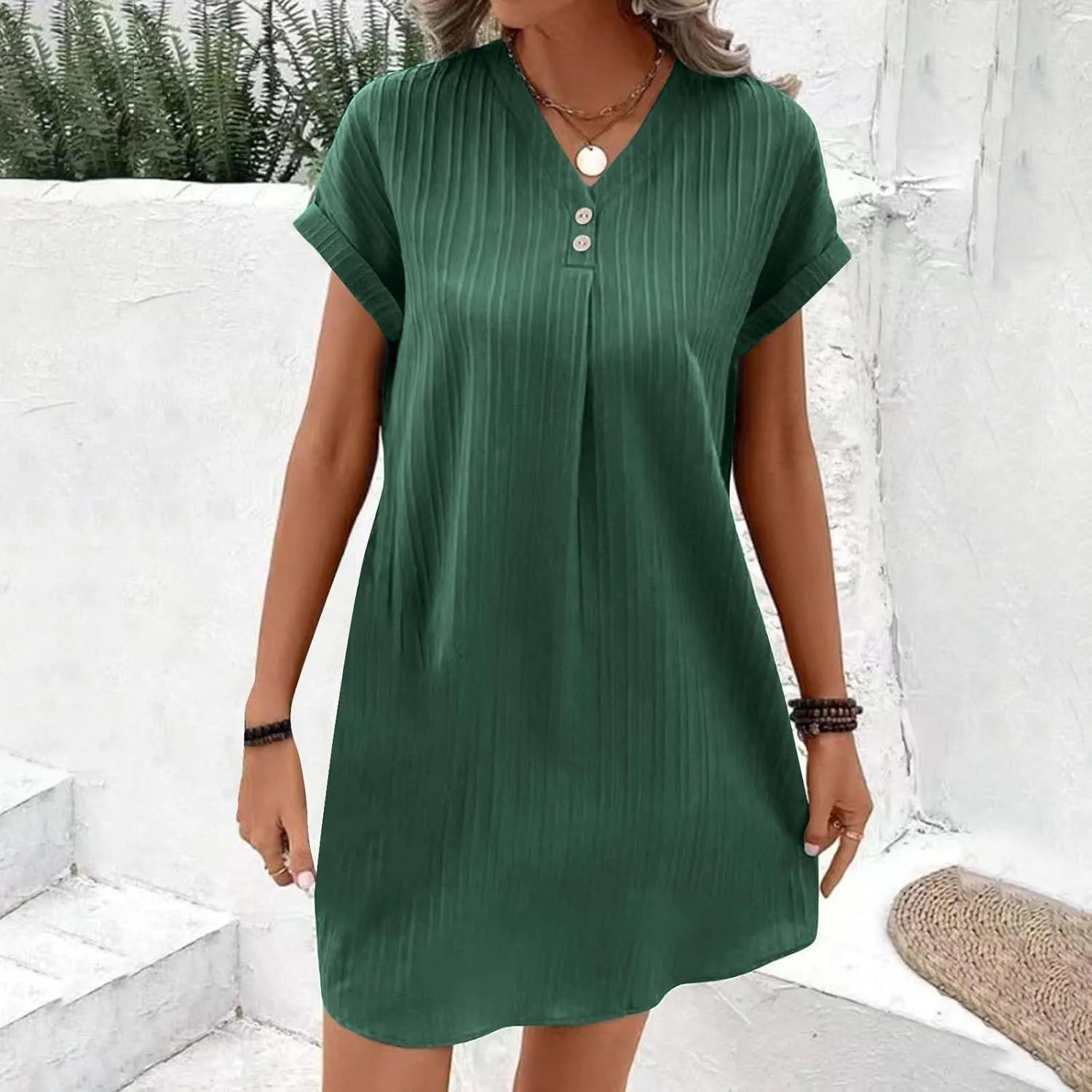 Mini Dresses for Women Summer Casual Button V Neck Cuffed Sleeve Striped Hide Belly Loose Vacation Shift Dress