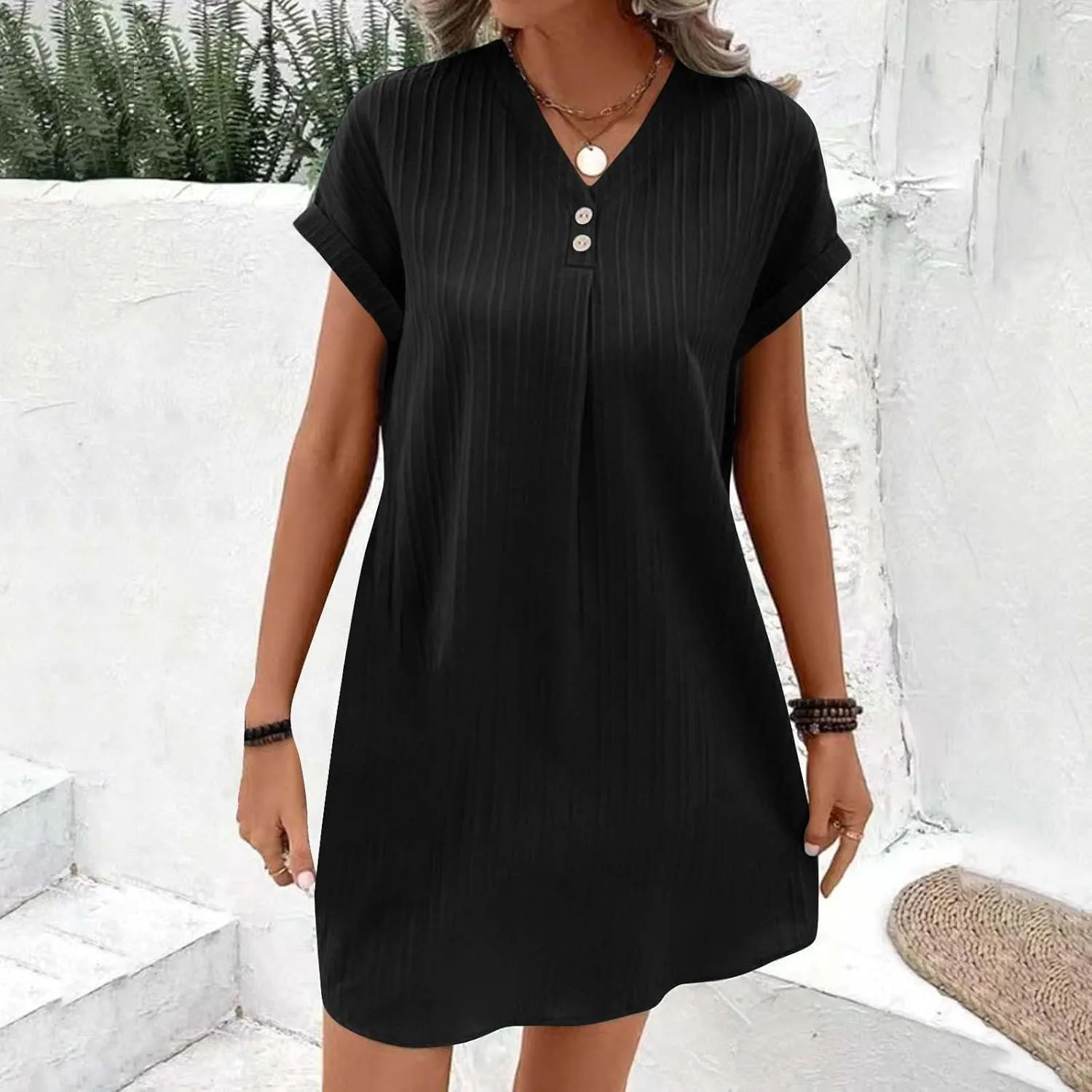 Mini Dresses for Women Summer Casual Button V Neck Cuffed Sleeve Striped Hide Belly Loose Vacation Shift Dress