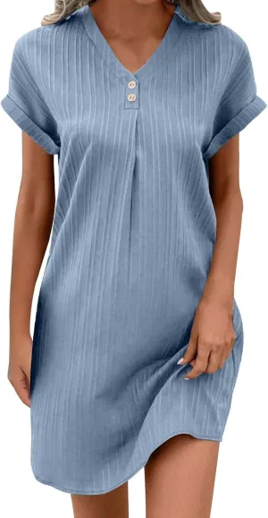Mini Dresses for Women Summer Casual Button V Neck Cuffed Sleeve Striped Hide Belly Loose Vacation Shift Dress