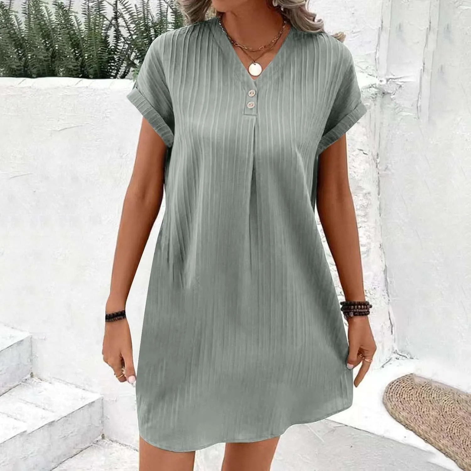 Mini Dresses for Women Summer Casual Button V Neck Cuffed Sleeve Striped Hide Belly Loose Vacation Shift Dress