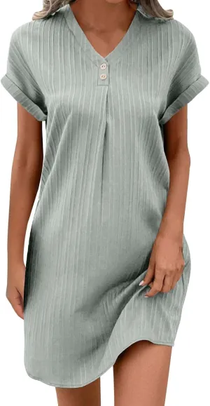 Mini Dresses for Women Summer Casual Button V Neck Cuffed Sleeve Striped Hide Belly Loose Vacation Shift Dress