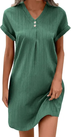 Mini Dresses for Women Summer Casual Button V Neck Cuffed Sleeve Striped Hide Belly Loose Vacation Shift Dress