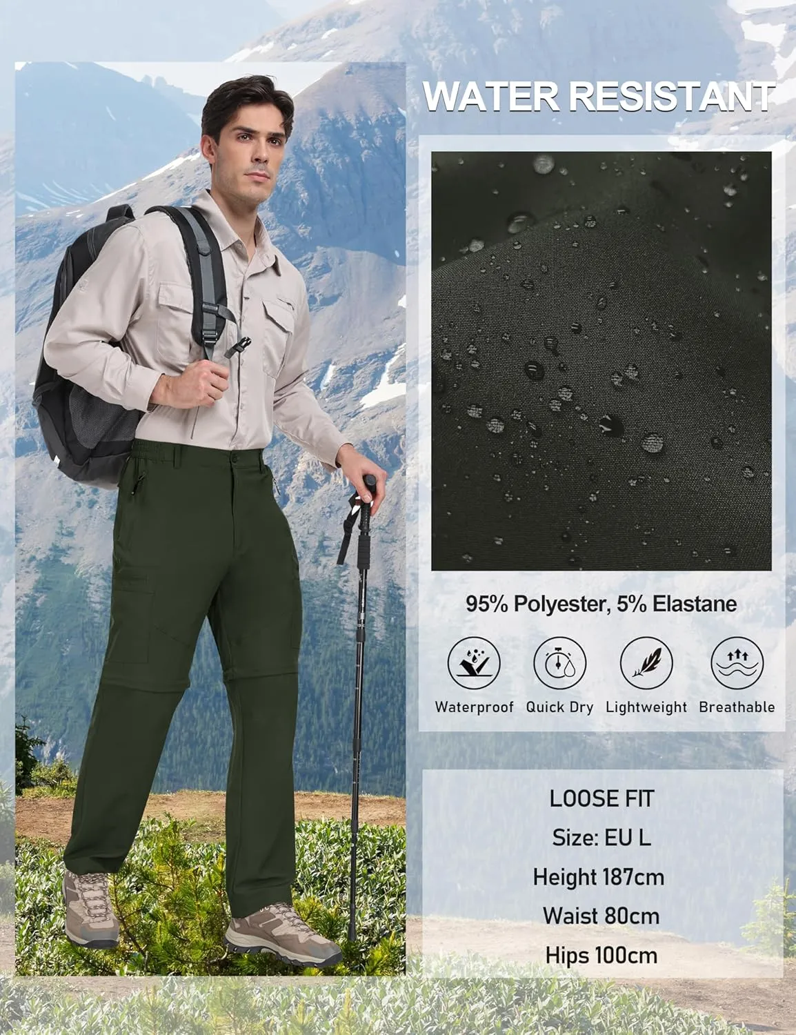 MoFiz Men's Hiking Pants Water Resistant Quick-Dry Lightweight Outdoor Sweatpants Convertible Zip Off Shorts 5-Zip Pockets