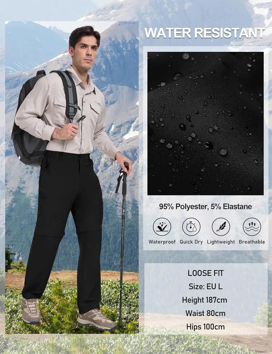 MoFiz Men's Hiking Pants Water Resistant Quick-Dry Lightweight Outdoor Sweatpants Convertible Zip Off Shorts 5-Zip Pockets