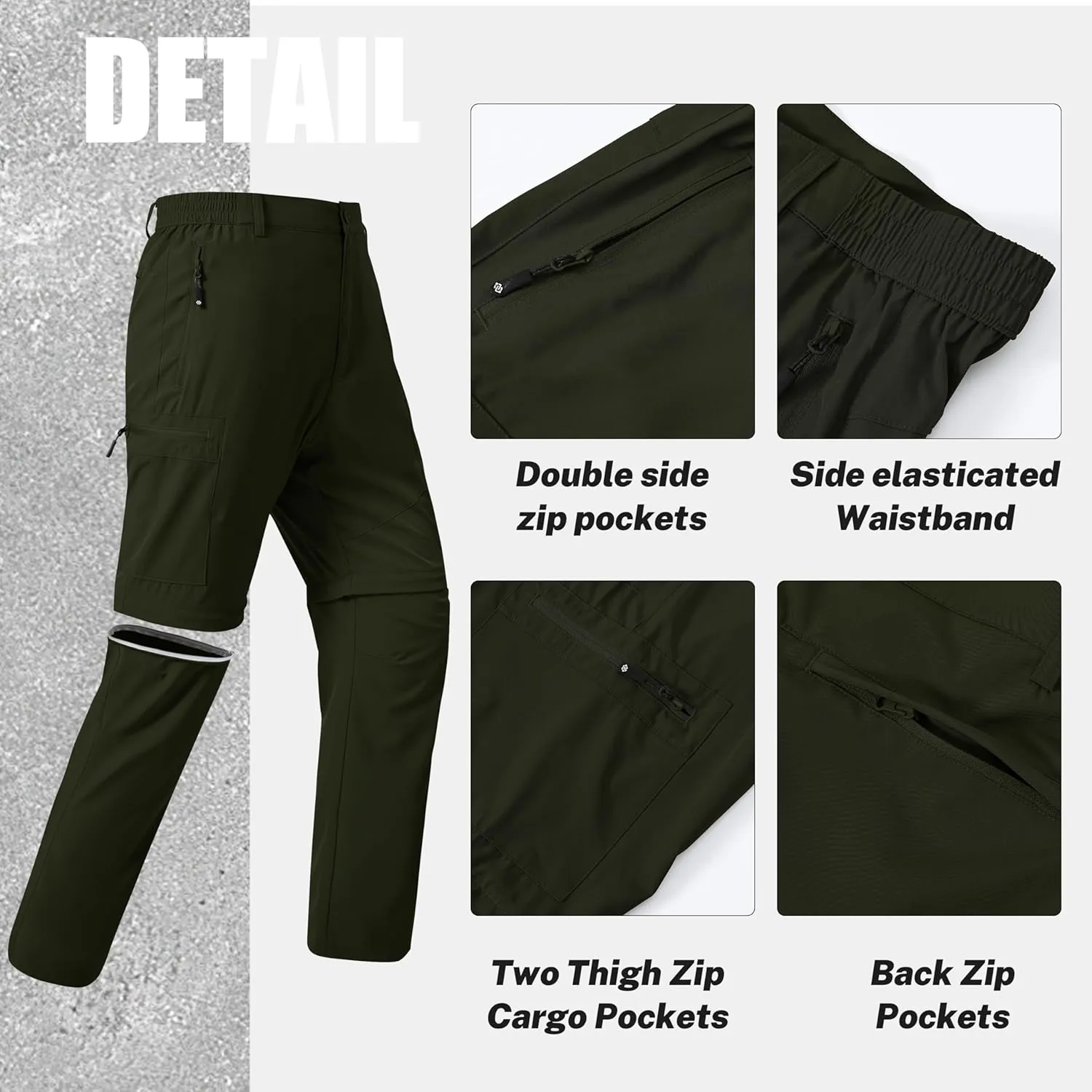 MoFiz Men's Hiking Pants Water Resistant Quick-Dry Lightweight Outdoor Sweatpants Convertible Zip Off Shorts 5-Zip Pockets