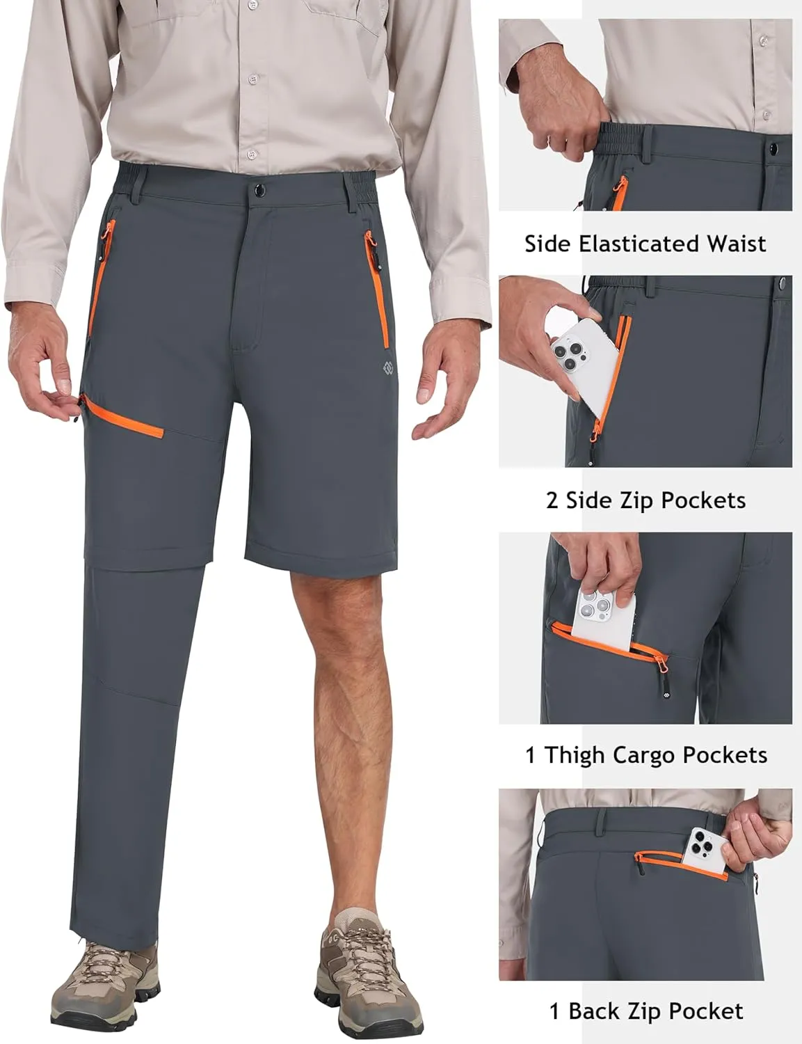 MoFiz Men's Hiking Pants Water Resistant Quick-Dry Lightweight Outdoor Sweatpants Convertible Zip Off Shorts 5-Zip Pockets