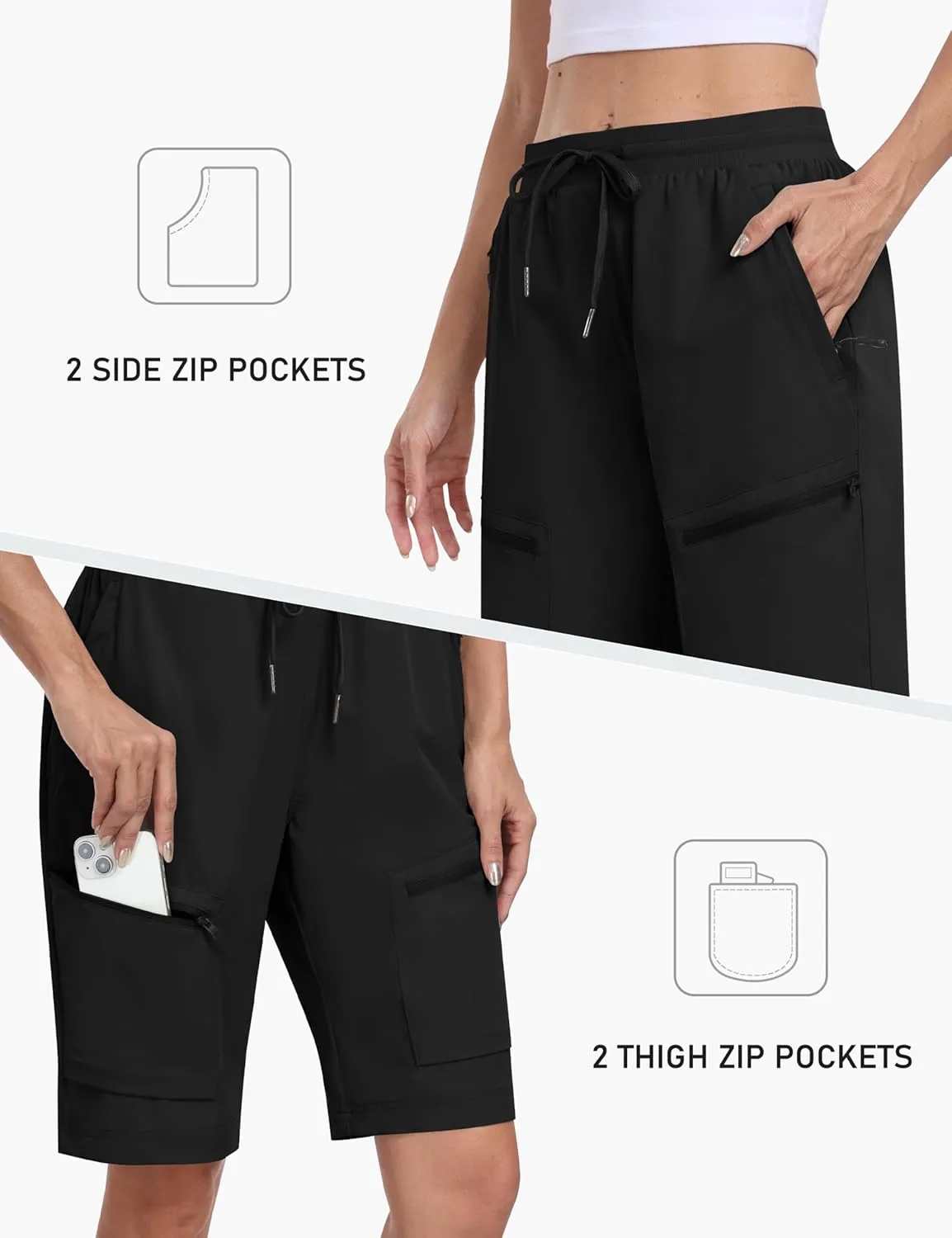 MoFiz Womens 10" Long Shorts for Women Knee Length Quick Dry Women Hiking Cargo Shorts Athletic Travel Golf with Zip Pockets