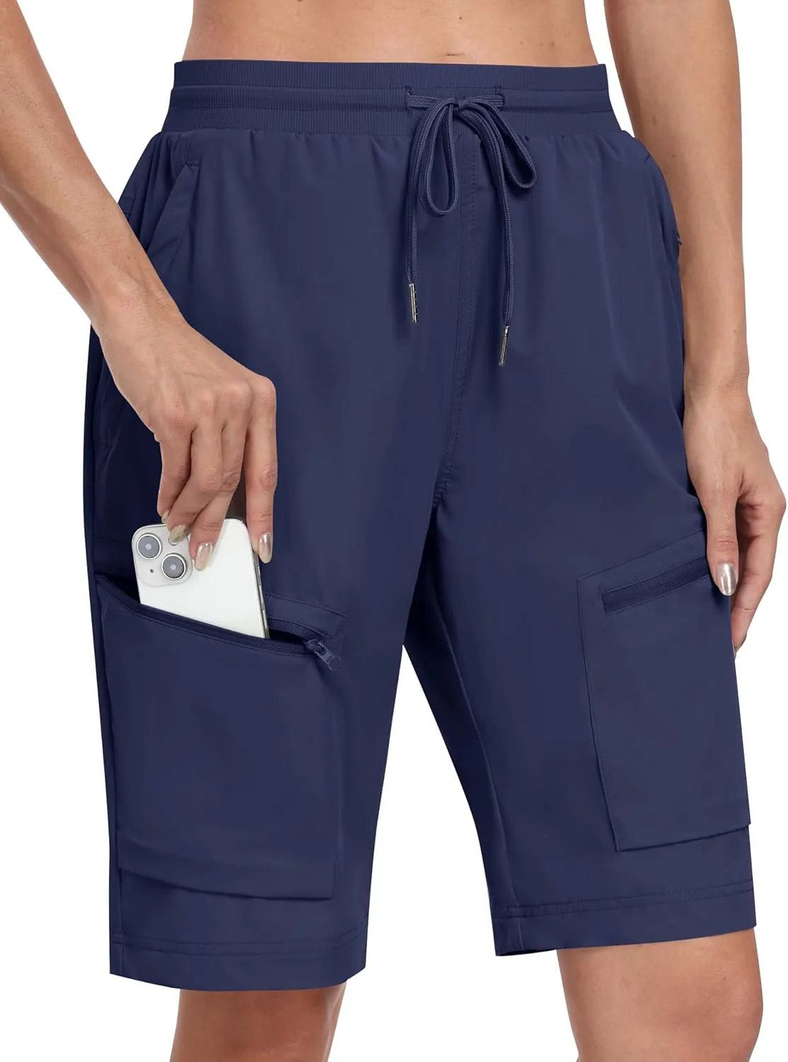 MoFiz Womens 10" Long Shorts for Women Knee Length Quick Dry Women Hiking Cargo Shorts Athletic Travel Golf with Zip Pockets