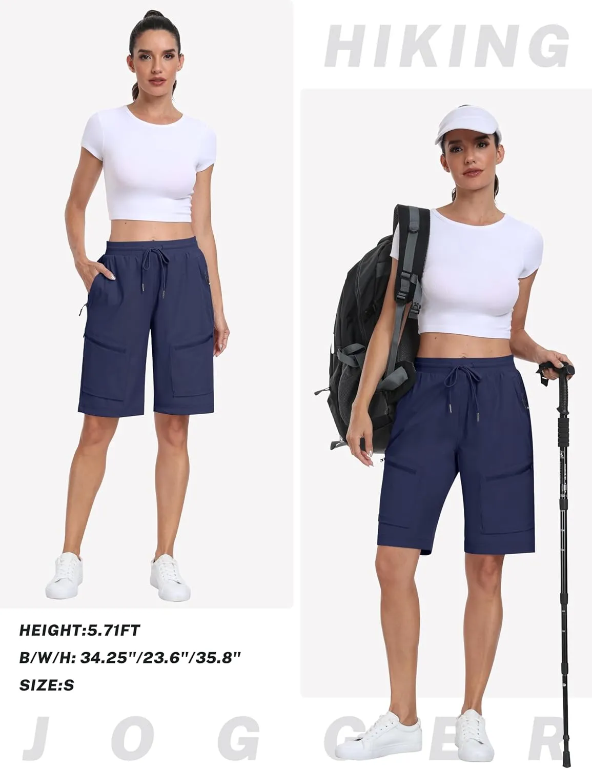 MoFiz Womens 10" Long Shorts for Women Knee Length Quick Dry Women Hiking Cargo Shorts Athletic Travel Golf with Zip Pockets