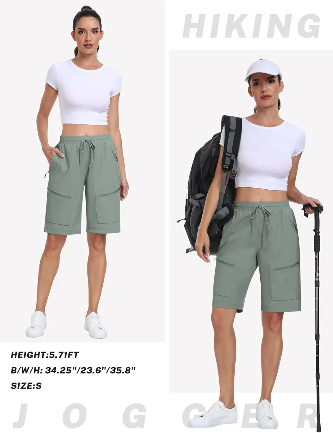 MoFiz Womens 10" Long Shorts for Women Knee Length Quick Dry Women Hiking Cargo Shorts Athletic Travel Golf with Zip Pockets