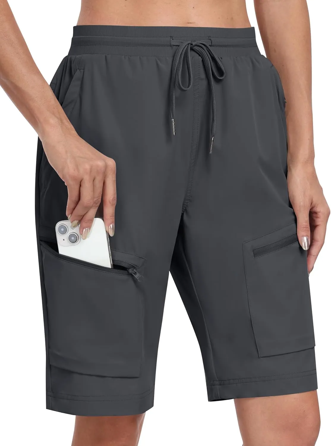 MoFiz Womens 10" Long Shorts for Women Knee Length Quick Dry Women Hiking Cargo Shorts Athletic Travel Golf with Zip Pockets