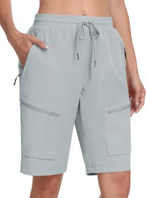 MoFiz Womens 10" Long Shorts for Women Knee Length Quick Dry Women Hiking Cargo Shorts Athletic Travel Golf with Zip Pockets