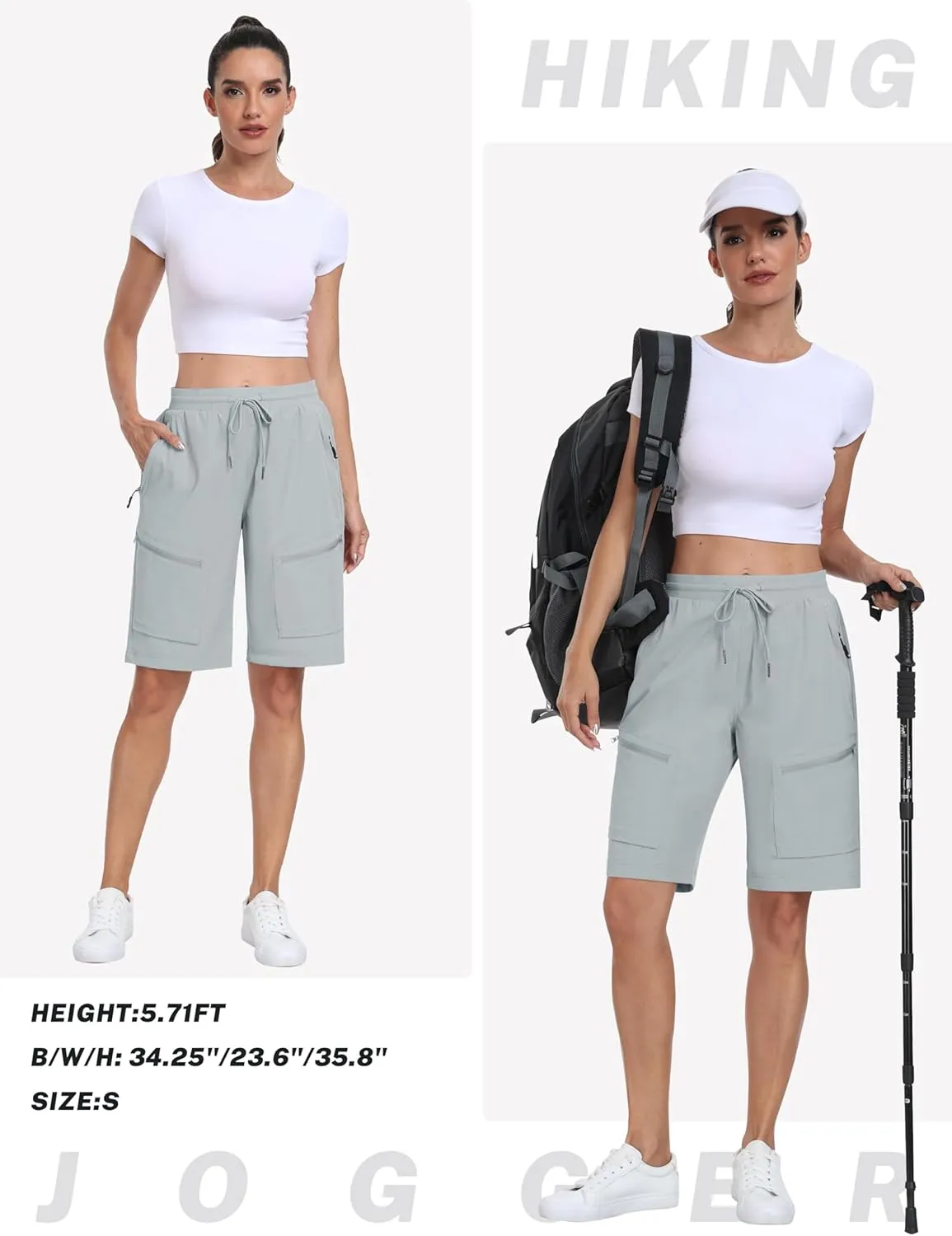MoFiz Womens 10" Long Shorts for Women Knee Length Quick Dry Women Hiking Cargo Shorts Athletic Travel Golf with Zip Pockets