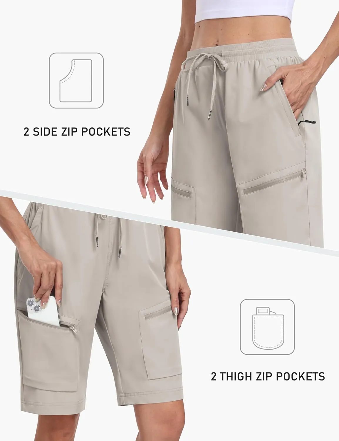 MoFiz Womens 10" Long Shorts for Women Knee Length Quick Dry Women Hiking Cargo Shorts Athletic Travel Golf with Zip Pockets