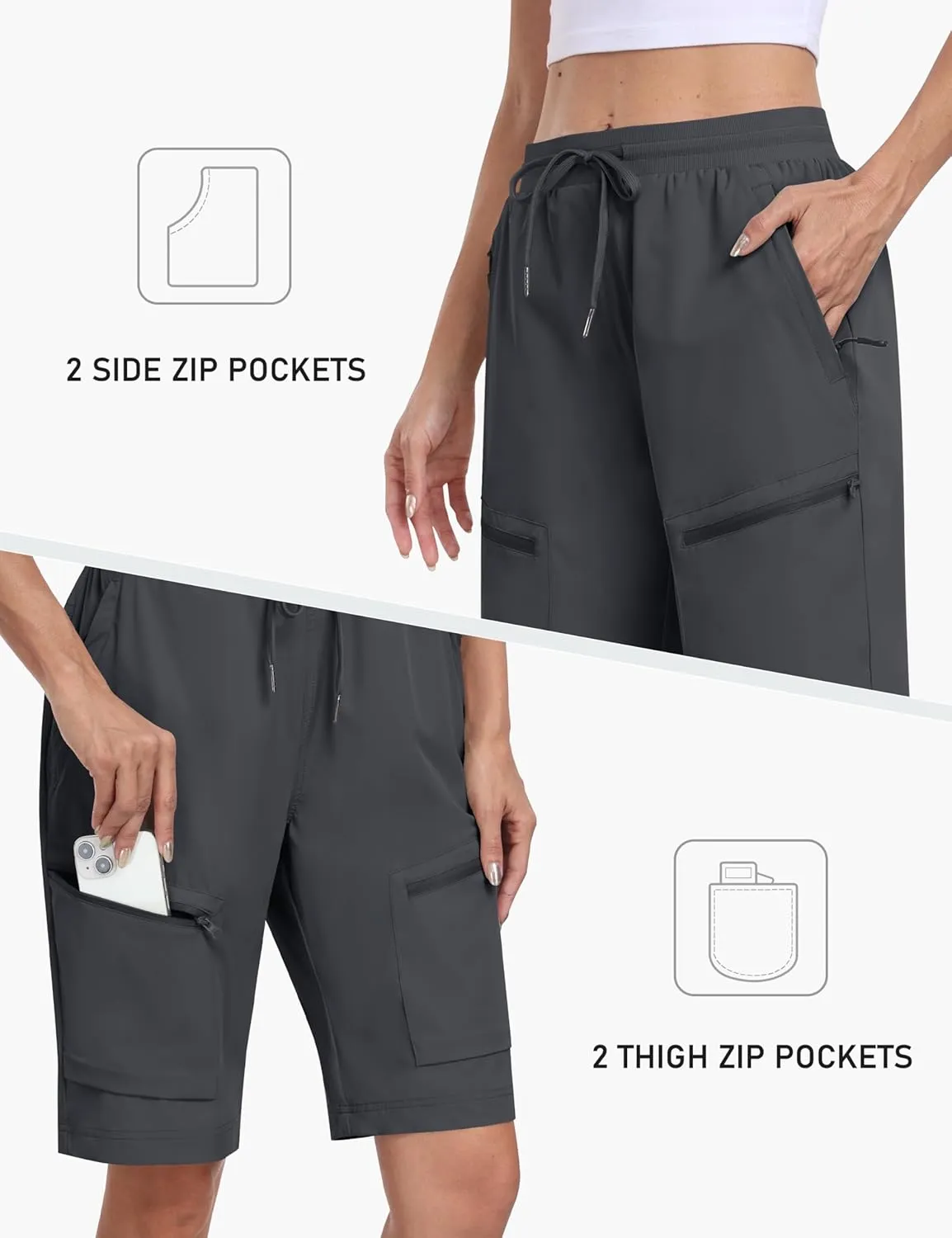 MoFiz Womens 10" Long Shorts for Women Knee Length Quick Dry Women Hiking Cargo Shorts Athletic Travel Golf with Zip Pockets