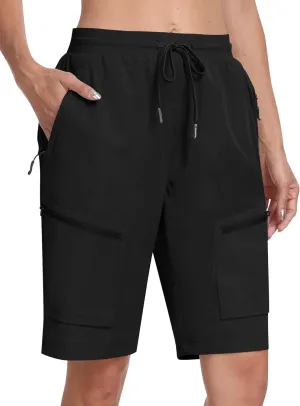 MoFiz Womens 10" Long Shorts for Women Knee Length Quick Dry Women Hiking Cargo Shorts Athletic Travel Golf with Zip Pockets