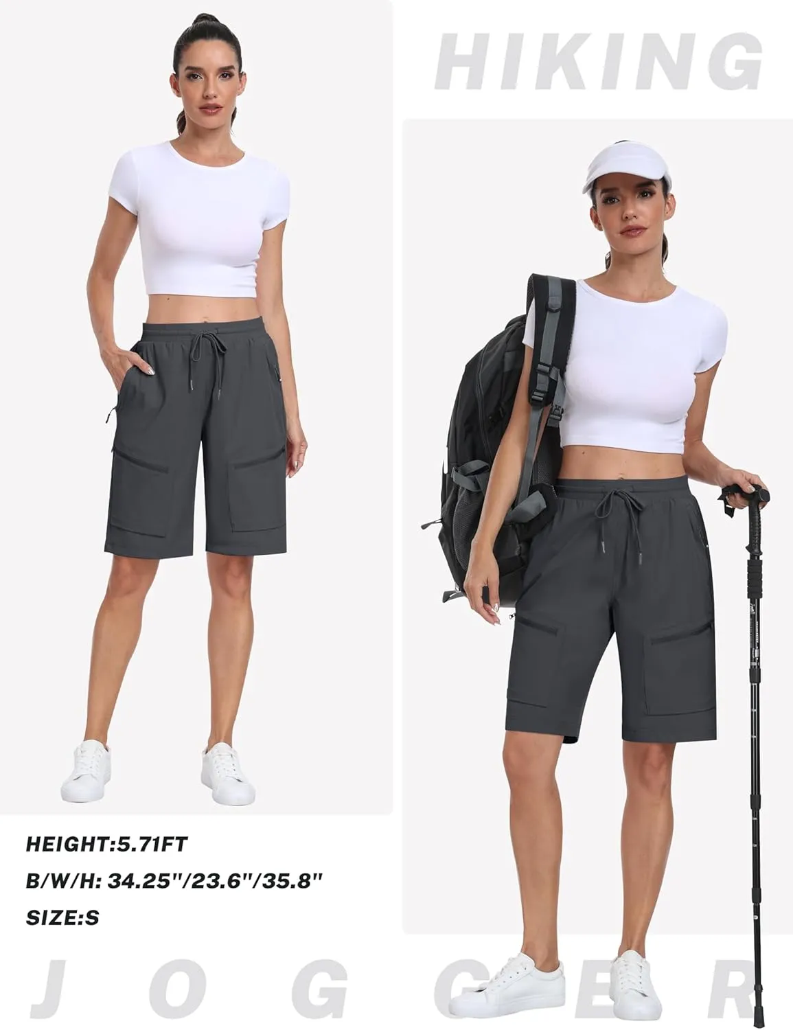 MoFiz Womens 10" Long Shorts for Women Knee Length Quick Dry Women Hiking Cargo Shorts Athletic Travel Golf with Zip Pockets