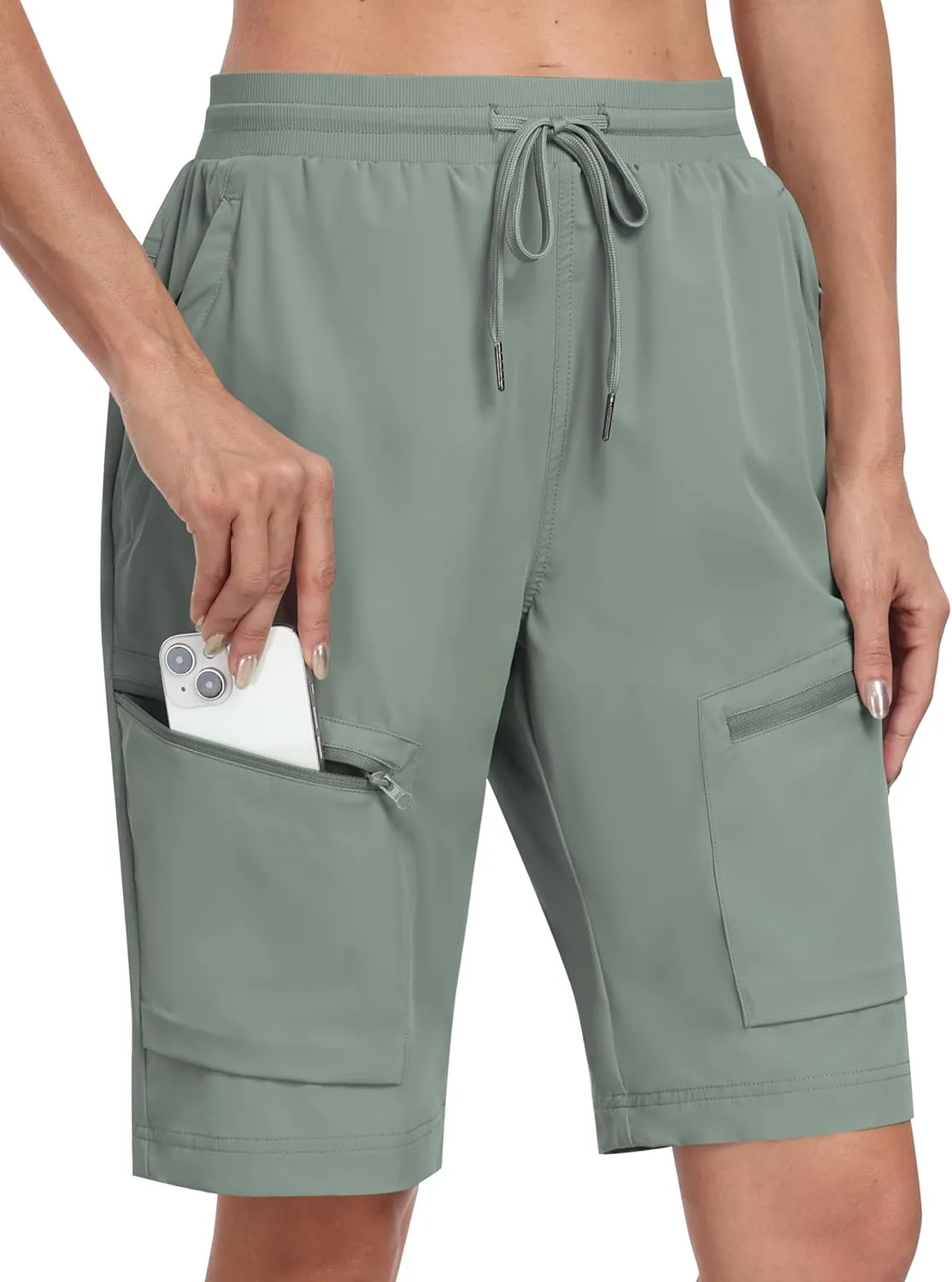 MoFiz Womens 10" Long Shorts for Women Knee Length Quick Dry Women Hiking Cargo Shorts Athletic Travel Golf with Zip Pockets