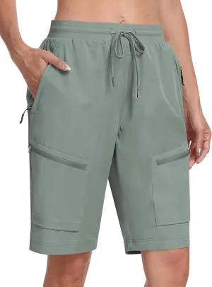 MoFiz Womens 10" Long Shorts for Women Knee Length Quick Dry Women Hiking Cargo Shorts Athletic Travel Golf with Zip Pockets
