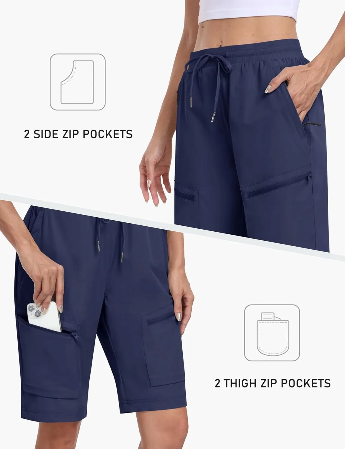 MoFiz Womens 10" Long Shorts for Women Knee Length Quick Dry Women Hiking Cargo Shorts Athletic Travel Golf with Zip Pockets