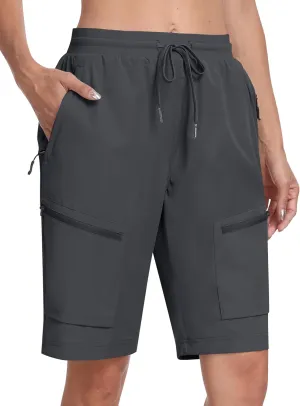 MoFiz Womens 10" Long Shorts for Women Knee Length Quick Dry Women Hiking Cargo Shorts Athletic Travel Golf with Zip Pockets
