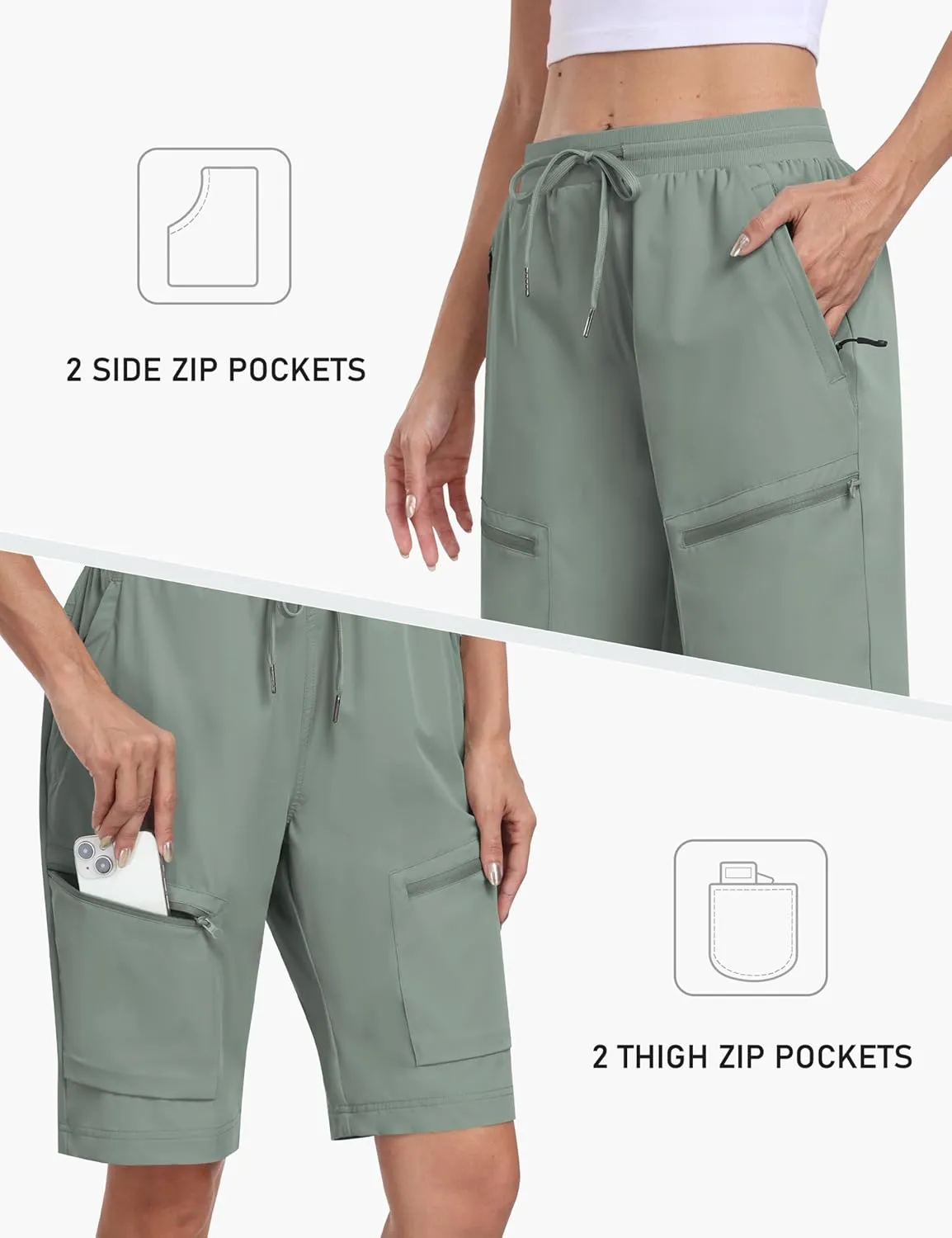 MoFiz Womens 10" Long Shorts for Women Knee Length Quick Dry Women Hiking Cargo Shorts Athletic Travel Golf with Zip Pockets