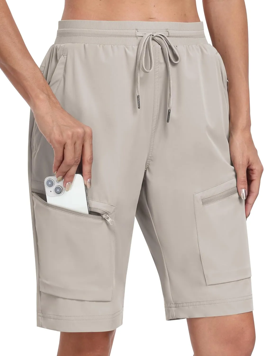 MoFiz Womens 10" Long Shorts for Women Knee Length Quick Dry Women Hiking Cargo Shorts Athletic Travel Golf with Zip Pockets