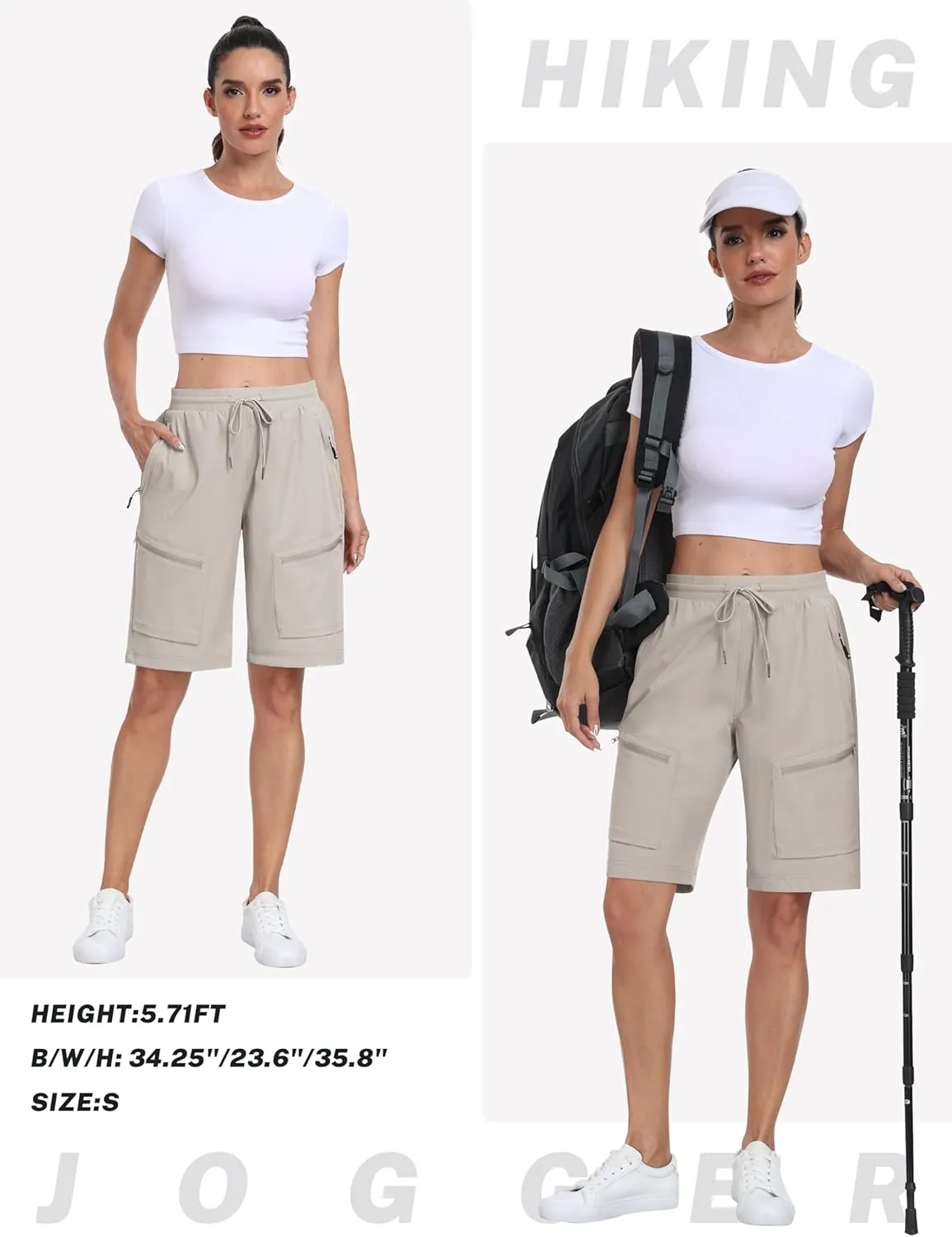 MoFiz Womens 10" Long Shorts for Women Knee Length Quick Dry Women Hiking Cargo Shorts Athletic Travel Golf with Zip Pockets
