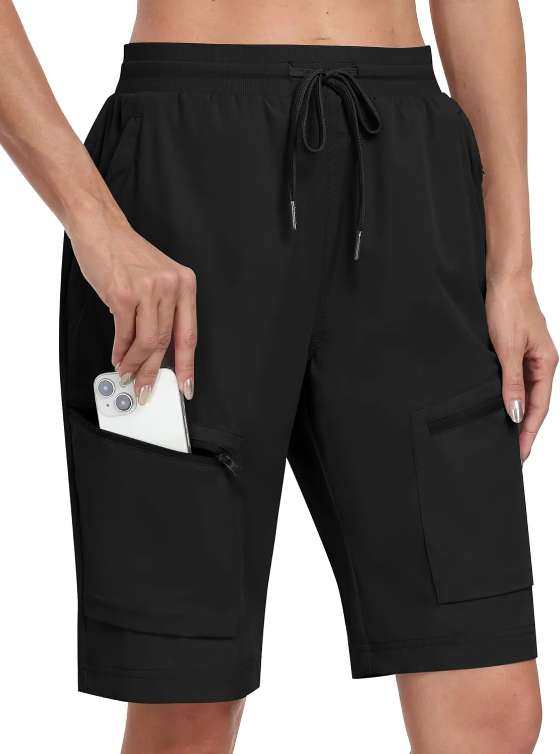 MoFiz Womens 10" Long Shorts for Women Knee Length Quick Dry Women Hiking Cargo Shorts Athletic Travel Golf with Zip Pockets