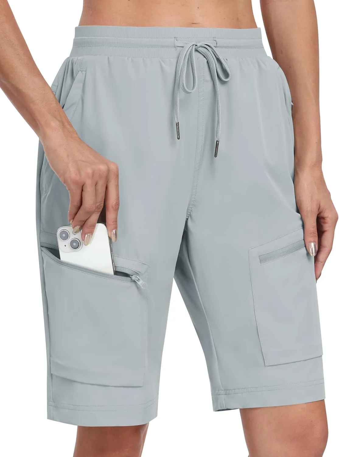 MoFiz Womens 10" Long Shorts for Women Knee Length Quick Dry Women Hiking Cargo Shorts Athletic Travel Golf with Zip Pockets