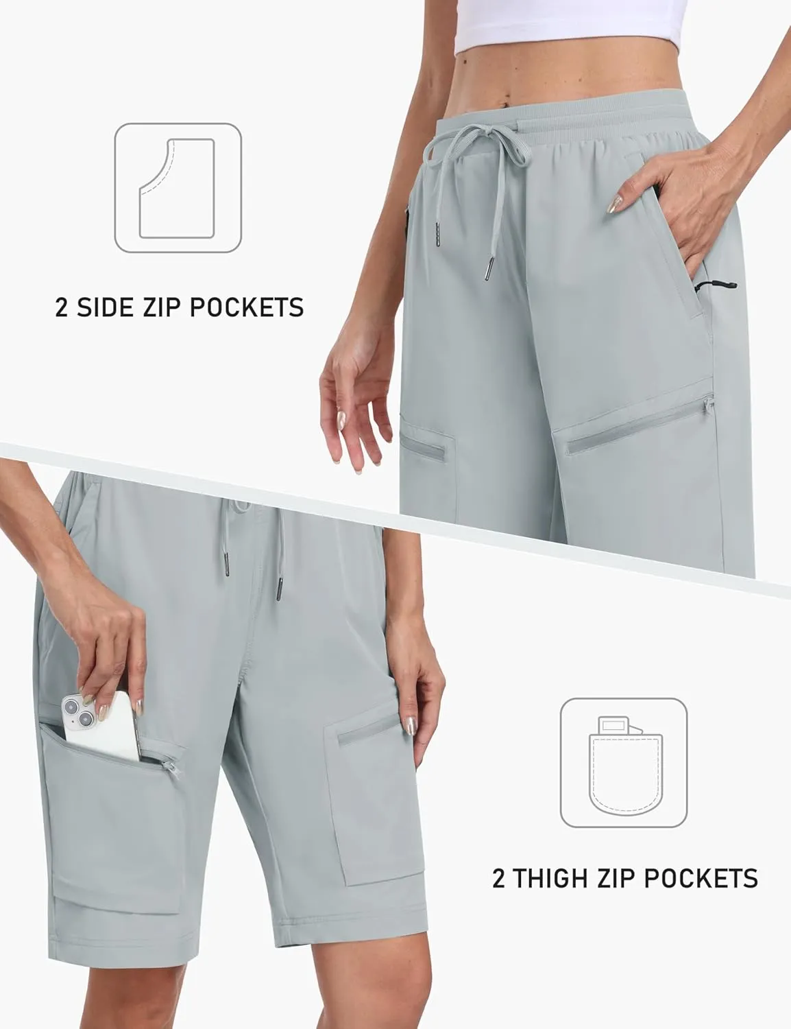 MoFiz Womens 10" Long Shorts for Women Knee Length Quick Dry Women Hiking Cargo Shorts Athletic Travel Golf with Zip Pockets