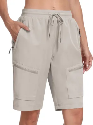 MoFiz Womens 10" Long Shorts for Women Knee Length Quick Dry Women Hiking Cargo Shorts Athletic Travel Golf with Zip Pockets