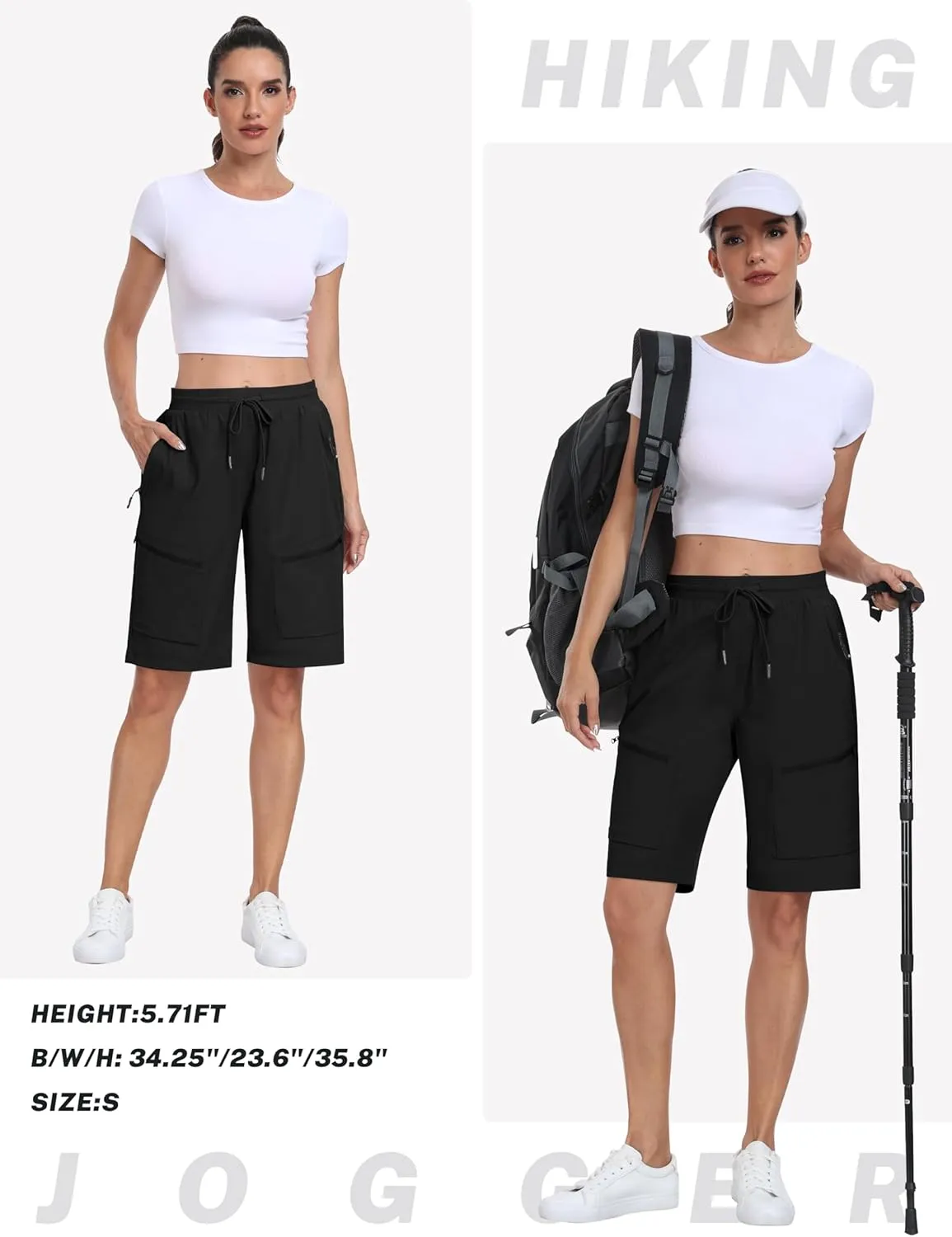 MoFiz Womens 10" Long Shorts for Women Knee Length Quick Dry Women Hiking Cargo Shorts Athletic Travel Golf with Zip Pockets