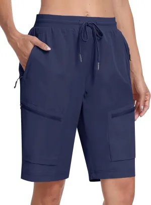 MoFiz Womens 10" Long Shorts for Women Knee Length Quick Dry Women Hiking Cargo Shorts Athletic Travel Golf with Zip Pockets