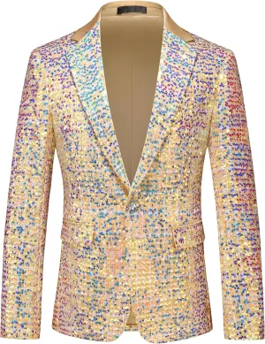 MOGU Mens Sequin Blazer Slim Fit Shiny Gold Silver Dress Suit Jacket Tuxedo Sport Coats for Prom Party Dinner