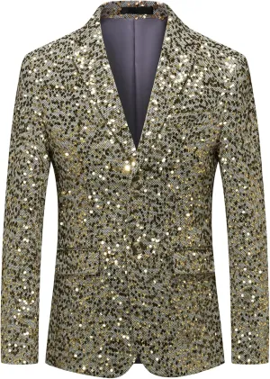 MOGU Mens Sequin Blazer Slim Fit Shiny Gold Silver Dress Suit Jacket Tuxedo Sport Coats for Prom Party Dinner