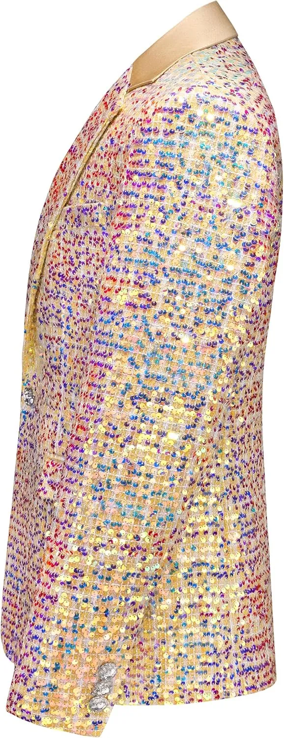 MOGU Mens Sequin Blazer Slim Fit Shiny Gold Silver Dress Suit Jacket Tuxedo Sport Coats for Prom Party Dinner