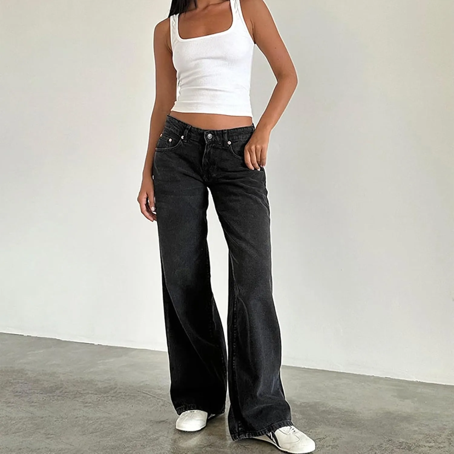 Mxiqqpltky Low Rise Jeans for Women Mom Jeans Wide Straight Leg Baggy Jeans Y2k Vintage Boyfriend Denim Pants Streetwear